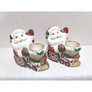 Vintage Set Of 2 Santa Train Candlestick Holder Giftco.  3.5”  Christmas